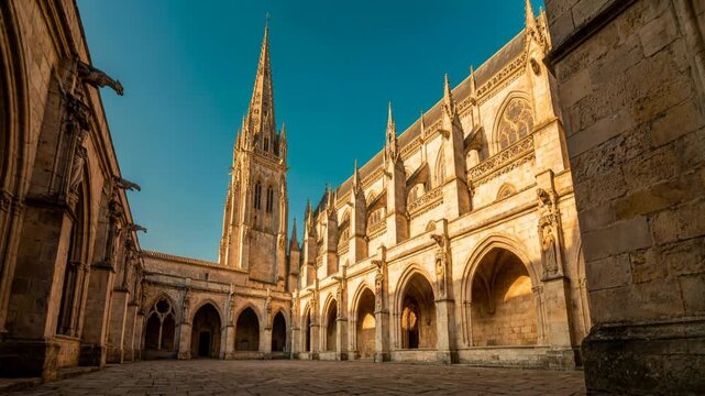 Ornate gothic cathedral cloister and courtyard under a clear blue sky at sunset, ancient stone architecture and religious landmark for history and travel inspiration