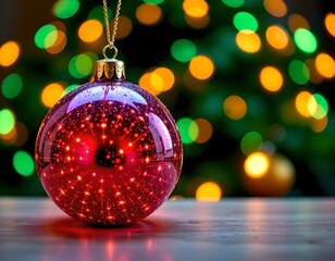 Glowing Christmas Ornament Against Deep Green Bokeh Night