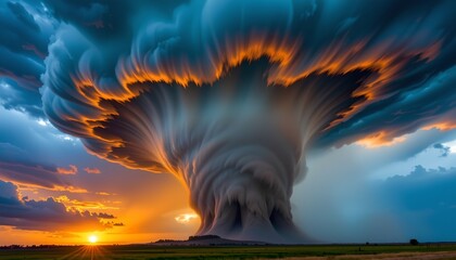 Dramatic Sunset Sky with Towering Tornado Over Calm Lands