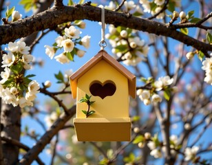 Springtime Birdhouse Amid Blooming Branches Under Clear