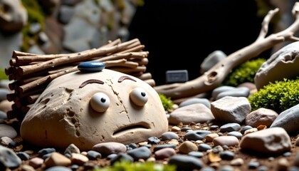 Whimsical Nature Scene with Rock Face and Mossy Driftwood