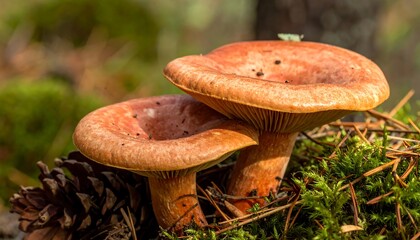 Two Orange Mushrooms in Forest Setting with Moss and Pine Needles.