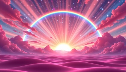 Celestial Skyline with Rainbow and Luminous Pathway