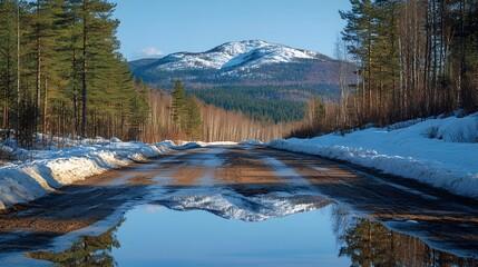 Snow-covered road reflects mountains and trees in a forest during winter afternoon