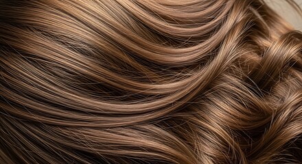 Shiny, healthy brown hair displays intricate texture and soft waves in a close up view