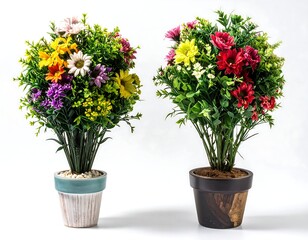 Two potted flower arrangements with vibrant blooms on a white background.