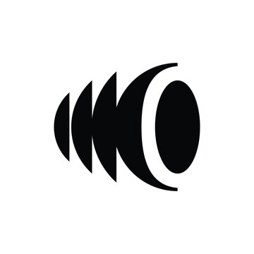 A black and white abstract graphic design resembling a stylized sound wave or a cone.