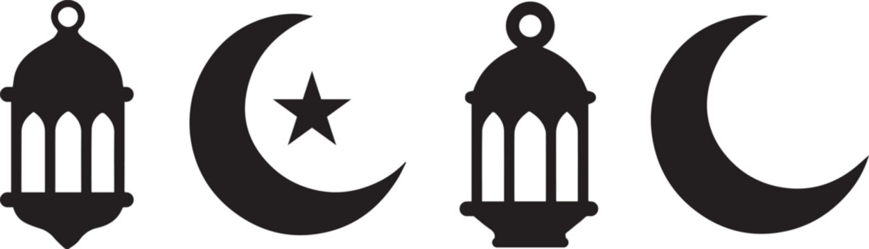 Ramadan lantern and crescent moon islamic icon vector set