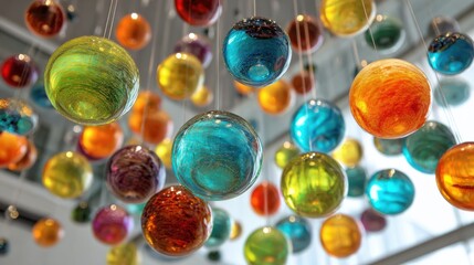Colorful glass spheres hanging art installation