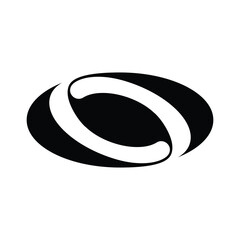A black oval shape with a white curved line inside, creating a stylized 'O' or infinity symbol.