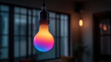 Colorful glowing light bulb in dark room