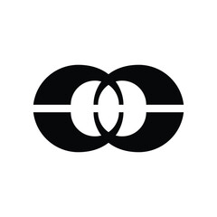 A minimalist black and white graphic design featuring two interlocking oval shapes with horizontal white lines.