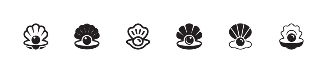 Six stylized illustrations of opened clamshells revealing precious round pearl jewelry concept © FARJANAAKTER