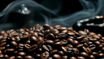 Dramatic cinematic 4K close up of roasted coffee beans piled together with subtle smoke drifting the background creating moody mysterious premium coffee