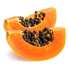 Two Slices of Fresh Papaya with Seeds on a White Background.