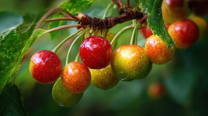 Fresh cherries ripening on a tree branch with water droplets in a summer garden