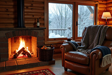 Cozy log cabin interior featuring a warm crackling stone fireplace and a comfortable brown leather armchair with a wool blanket next to a window showing a peaceful snowy winter forest outside