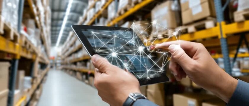Warehouse Efficiency: A person skillfully uses a tablet to optimize and track inventory in a busy, modern warehouse, demonstrating the fusion of technology and logistics.
