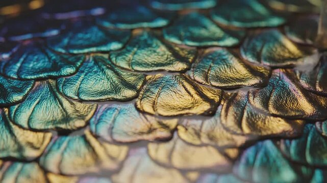 P222-Iridescent scales shimmer in teal and gold creating a stunning textural pattern 4K 10s
