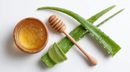 Fresh aloe vera leaves with slices and a bowl of honey with dipper isolated on white background