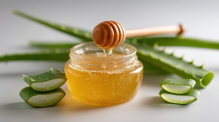 Natural organic honey and fresh aloe vera leaves for skin care and wellness treatment