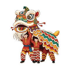 Two performers in red costumes holding up a colorful dragon puppet head with intricate designs against a white background.