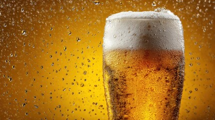 Close-up of a cold glass of beer with foam and water droplets on golden background