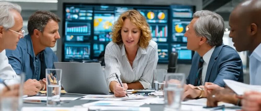 Strategic Insights: A team of executives engaged in a focused business meeting, collaborating and analyzing data to formulate strategies for success.