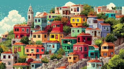 Colorful pixelated houses on a hill