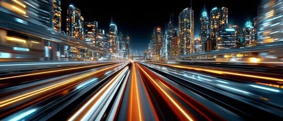 City Lights: Dynamic streaks of light illuminate a modern city at night, the urban landscape glowing with the energy of technological advancement and global connectivity.