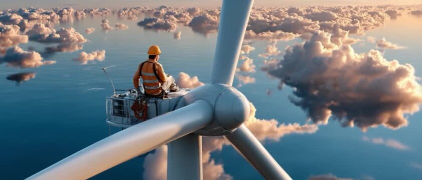 Sky-High Engineering: An engineer surveys the serene landscape, perched atop a colossal wind turbine, symbolizing innovation and commitment to sustainability.