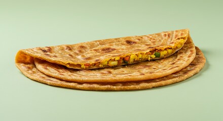 Delicious Indian Stuffed Flatbreads, Aloo Paratha, Served on a Pastel Green Surface