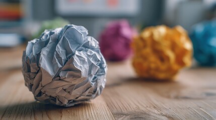 Crumpled paper balls on a wooden desk, with a grey one in the foreground and blurred colorful ones behind, symbolizing discarded ideas or mistakes.