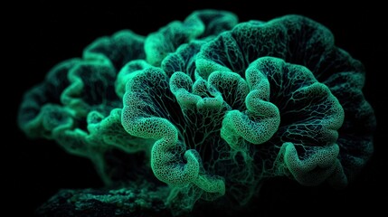 Obraz premium A luminous, intricate coral formation glows in shades of green against a dark background, showcasing its unique texture and organic beauty.