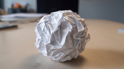Crumpled white paper ball on a wooden desk