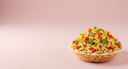 Flavorful Indian Bhel Puri Snack Bowl with Fresh Vegetables on Pink Background
