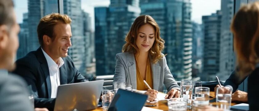 Strategic Session: In a modern high-rise office, a focused business team is seen meticulously discussing data and formulating strategies, emphasizing collaboration.