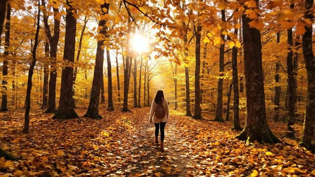 P205-Stunning autumn forest trail with golden leaves and distant figure walking peacefully 4K 10s