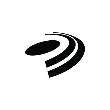 Abstract black logo featuring a dynamic curved design with parallel lines and an oval shape.
