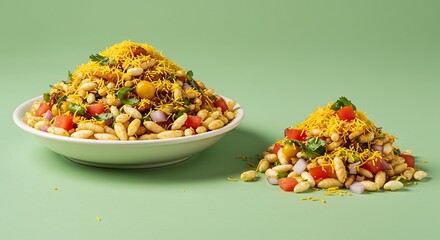 Vibrant Indian Bhel Puri Puffed Rice Snack with Fresh Vegetables and Crispy Sev on Green Background
