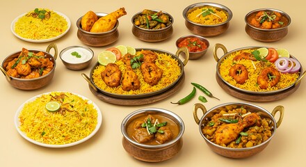 Vibrant Indian Biryani and Curry Feast with Assorted Dishes and Spices on Beige Background
