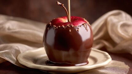 Decadent chocolate-covered red apple with sprinkles on a stick, resting on a ceramic plate against a warm, blurred fabric background.