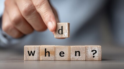 Hand placing wooden 'd' block above 'when?' blocks, symbolizing questioning and decision-making.
