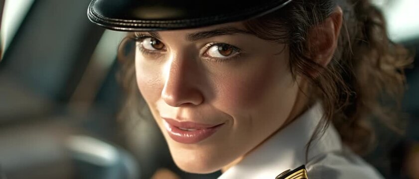Confident Pilot: An accomplished pilot, radiating confidence, sits in the cockpit, wearing a classic cap. Her determined gaze and poised demeanor suggest a mastery of her craft.