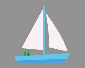 sailboat with white sail and two green bottles on deck in light blue color
