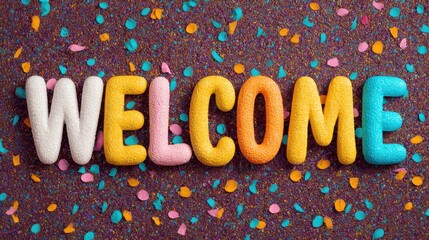 Colorful WELCOME 3D letters on a festive textured background with confetti