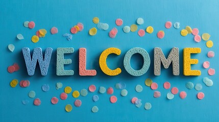 Textured sponge letters spelling the word WELCOME with colorful confetti on a bright blue background