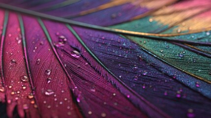 Closeup of a vibrant peacock feather with shimmering dew drops and intricate textures, showcasing rich iridescent colors and delicate details in soft light