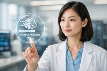 Asian female scientist in a lab coat interacting with a digital interface, showcasing training progress on artificial intelligence.