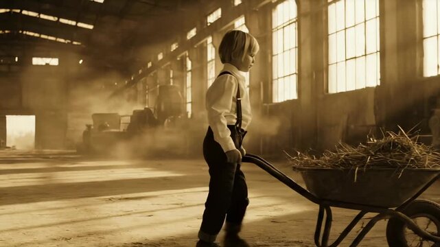 Boy pushes wheelbarrow with hay in dusty warehouse. Child moves wheelbarrow through sunlit warehouse. Boy with hay wheelbarrow walks in warehouse. Dusty sunlight fills warehouse as boy works.